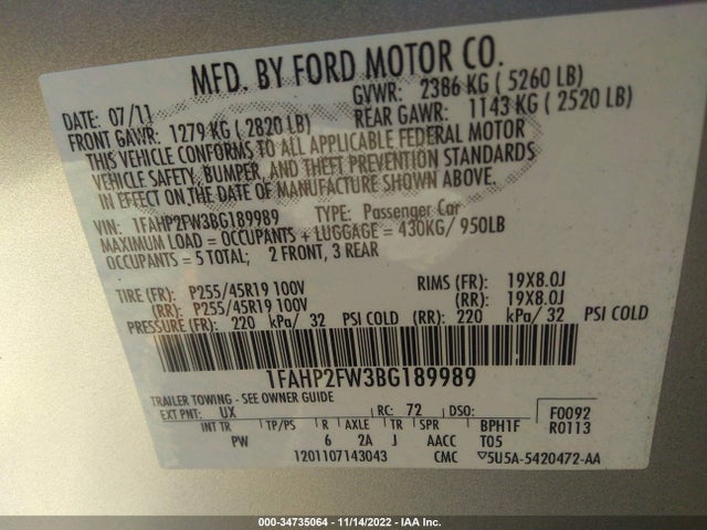Aukcja sprzedaży 2011 Ford Taurus Limited, vin: 1FAHP2FW3BG189989, numer aukcji: 34735064