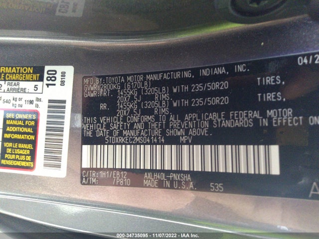 2021 TOYOTA SIENNA XSE VIN: 5TDXRKEC2MS041414