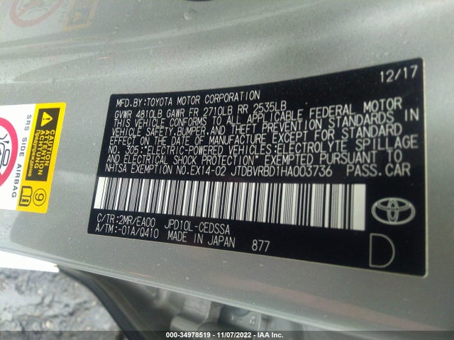 2017 Toyota Mirai, VIN: JTDBVRBD1HA003736