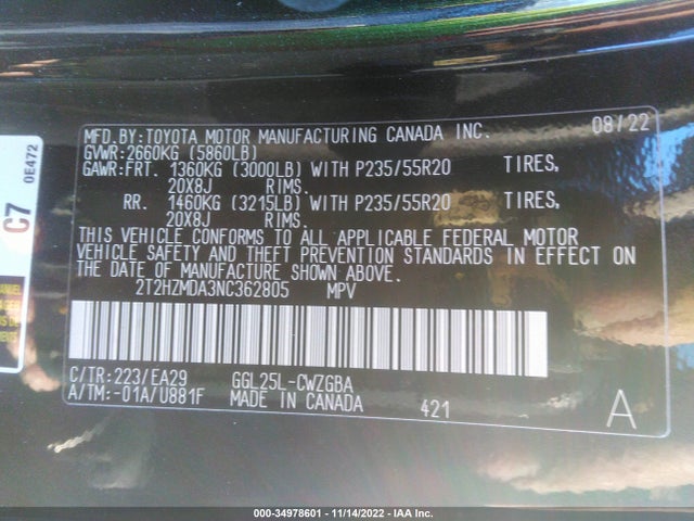 2022 Lexus RX, VIN: 2T2HZMDA3NC362805