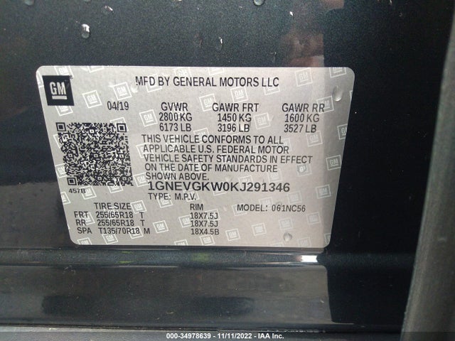 2019 Chevrolet Traverse, VIN: 1GNEVGKW0KJ291346