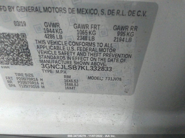 Chevrolet Trax Lt 2019 3GNCJLSB7KL332833 Image 10