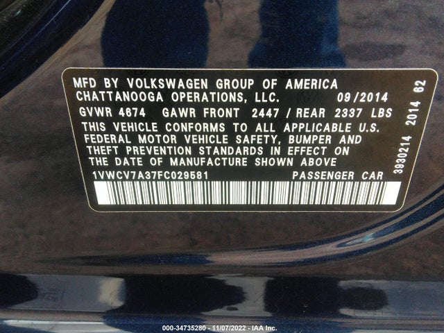 2015 Volkswagen CC, VIN: 1VWCV7A37FC029581