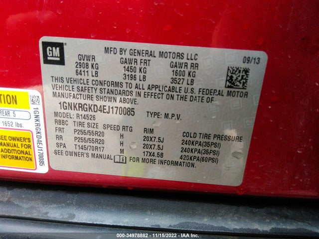 Chevrolet Traverse Lt 2014 1GNKRGKD4EJ170085 Image 10