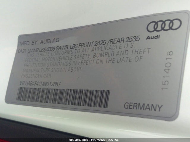 2021 Audi A4, VIN: WAUABAF41MN012887