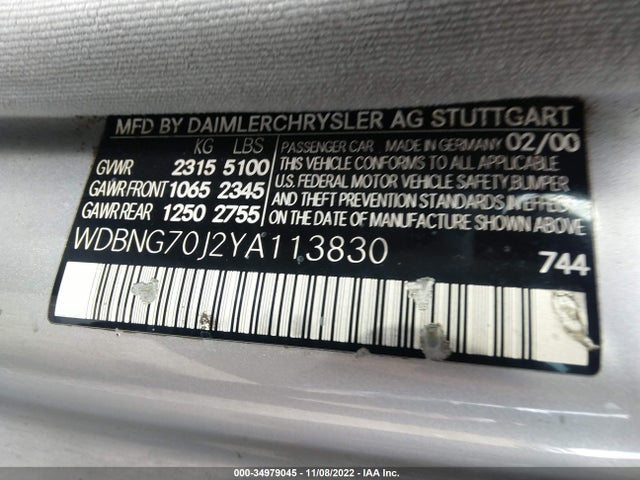 2000 MERCEDES-BENZ S CLASS VIN: WDBNG70J2YA113830