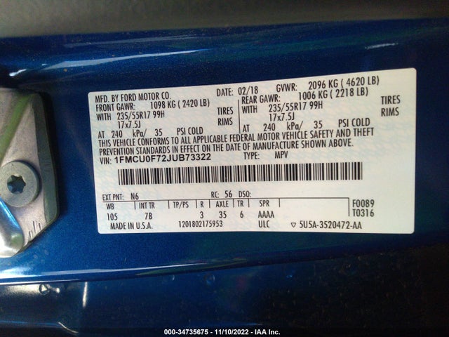 2018 FORD ESCAPE S VIN: 1FMCU0F72JUB73322
