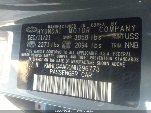 2022 HYUNDAI ELANTRA SEL VIN: KMHLS4AG0NU296773