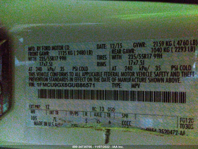 2016 Ford Escape, VIN: 1FMCU9GX6GUB86571