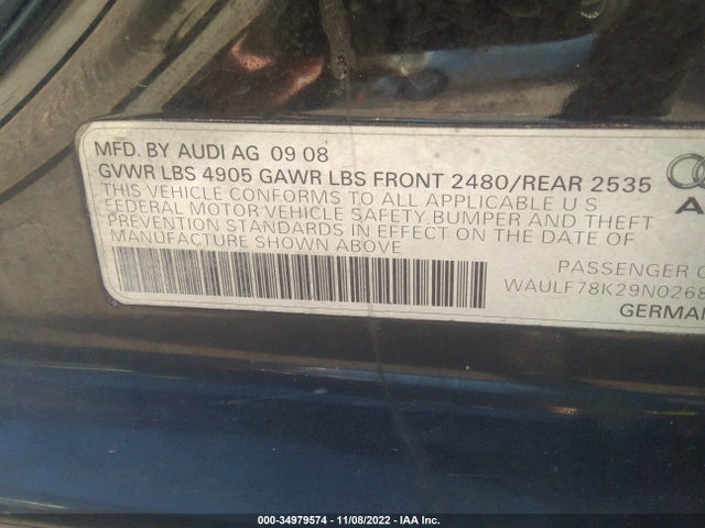 2009 AUDI A4 2.0T PREM VIN: WAULF78K29N026803
