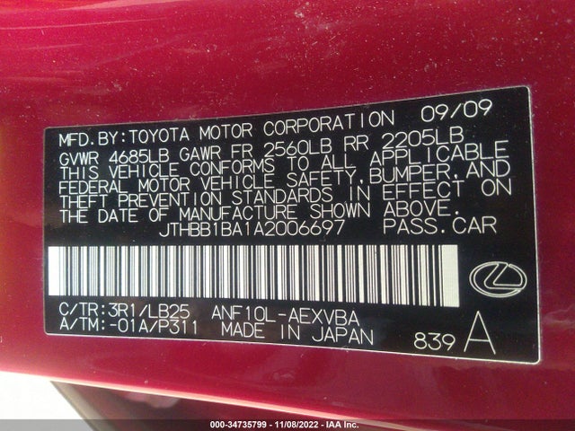 Lexus HS 250H 2010 JTHBB1BA1A2006697 Image 10
