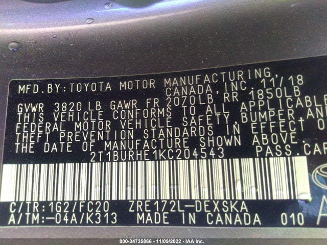 2019 TOYOTA COROLLA L/LE/SE/XLE/XSE VIN: 2T1BURHE1KC204543