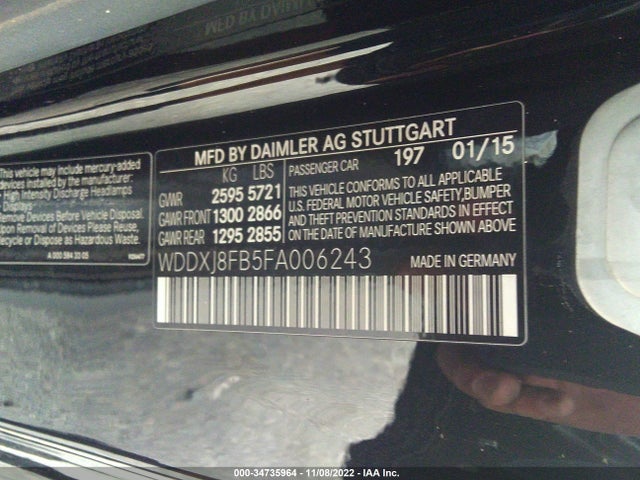 2015 Mercedes-Benz S-Class, VIN: WDDXJ8FB5FA006243