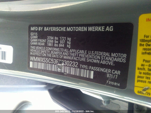 Mini COOPER HARDTOP 4 DOOR 2015 WMWXS5C53FT830232 Image 9