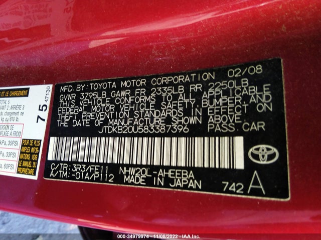 2008 TOYOTA PRIUS VIN: JTDKB20U583387396