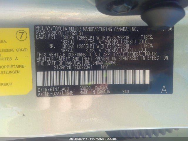 2T2GK31U37C022341 Lexus RX 350