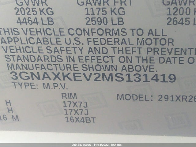 Chevrolet EQUINOX LT 2021 3GNAXKEV2MS131419 Image 9