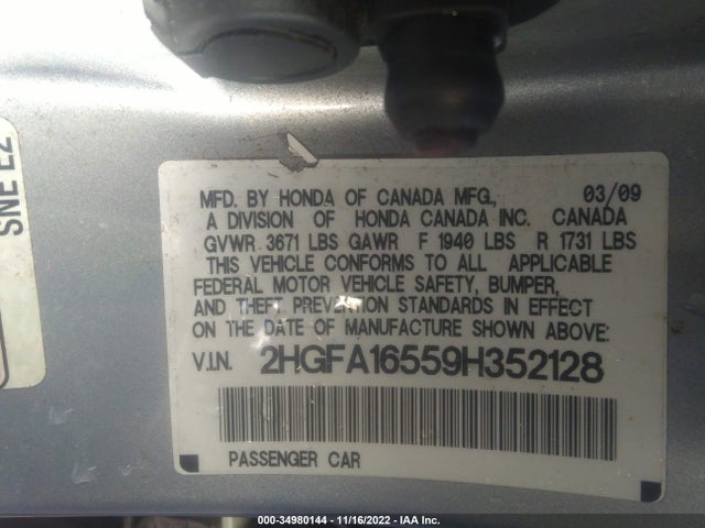 2009 HONDA CIVIC SDN LX VIN: 2HGFA16559H352128