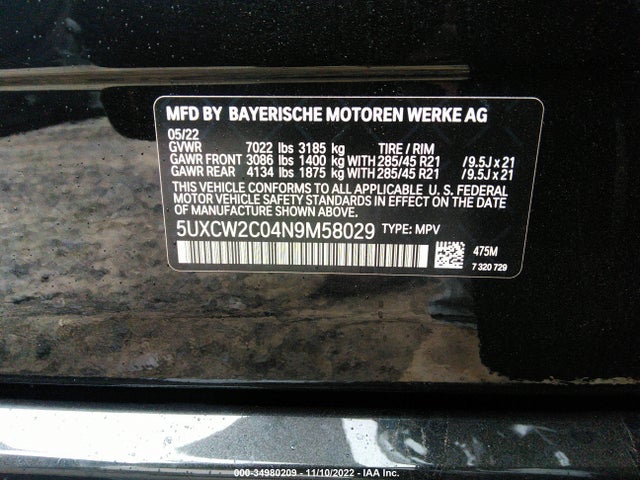2022 BMW X7, VIN: 5UXCW2C04N9M58029