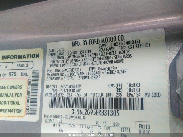 Lincoln MKZ 2014 3LN6L2G95ER831305 Image 9