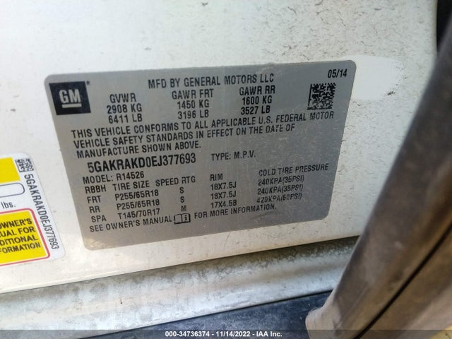 2014 BUICK ENCLAVE CONVENIENCE VIN: 5GAKRAKD0EJ377693