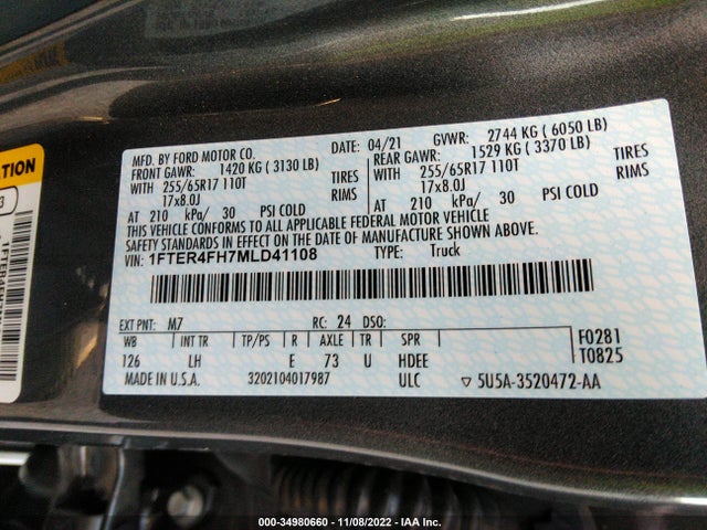 2021 Ford Ranger, VIN: 1FTER4FH7MLD41108