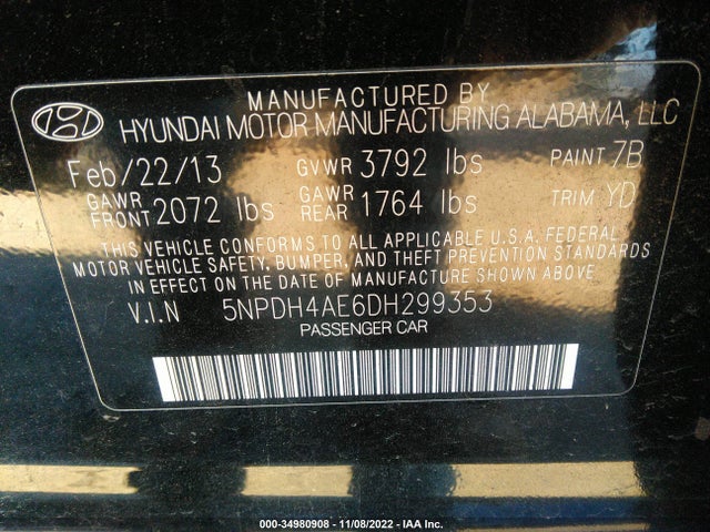 2013 HYUNDAI ELANTRA GLS/LIMITED VIN: 5NPDH4AE6DH299353