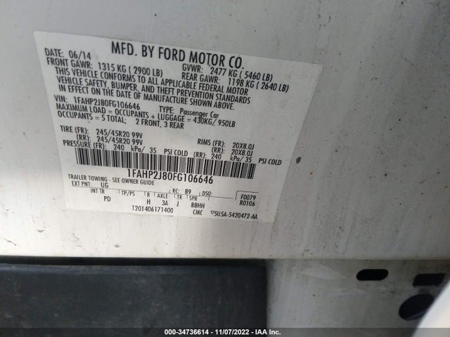 2015 Ford Taurus, VIN: 1FAHP2J80FG106646