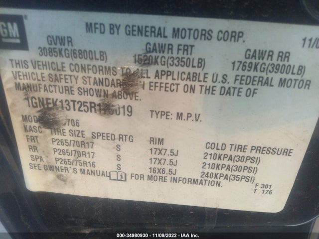 2005 CHEVROLET TAHOE Z71 VIN: 1GNEK13T25R176019