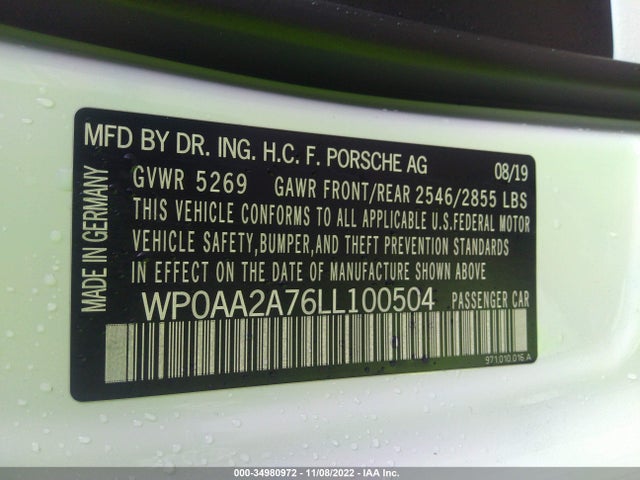 2020 Porsche Panamera, VIN: WP0AA2A76LL100504