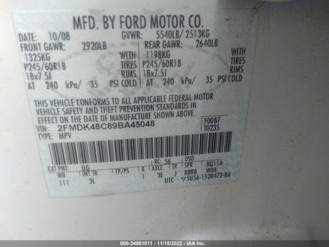 2009 FORD EDGE SEL VIN: 2FMDK48C89BA45048