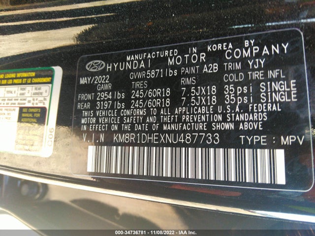 2022 Hyundai Palisade, VIN: KM8R1DHEXNU487733