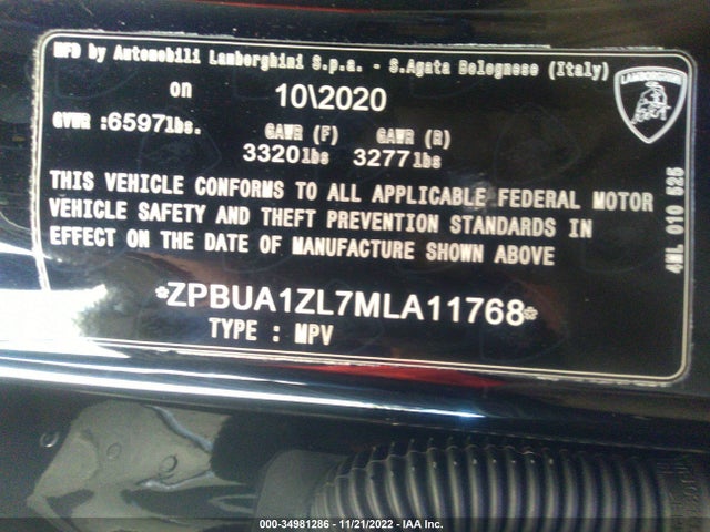 2021 Lamborghini URUS, VIN: ZPBUA1ZL7MLA11768