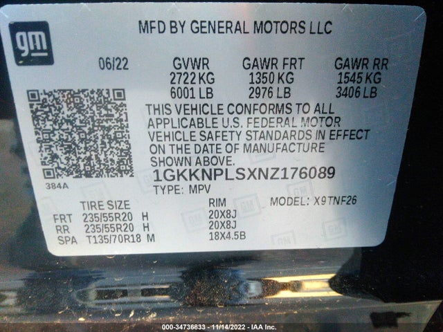 2022 GMC Acadia, VIN: 1GKKNPLSXNZ176089