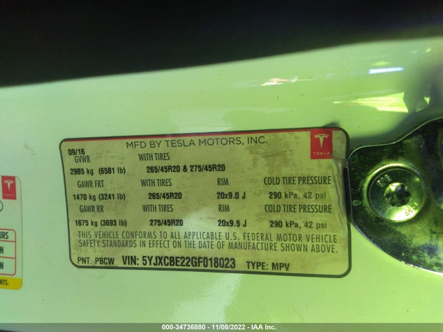 Tesla Model X 70d/90d/75d/60d/p100d 2016 5YJXCBE22GF018023 Image 11
