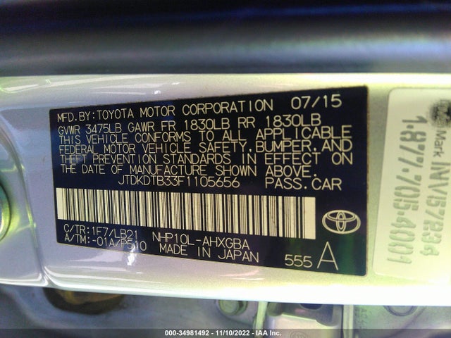 2015 Toyota Prius, VIN: JTDKDTB33F1105656
