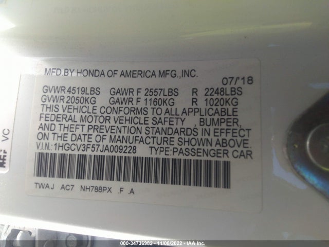 2018 Honda Accord, VIN: 1HGCV3F57JA009228