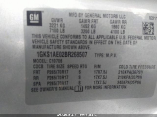 1GKS1AE02BR268507 GMC YUKON SLE