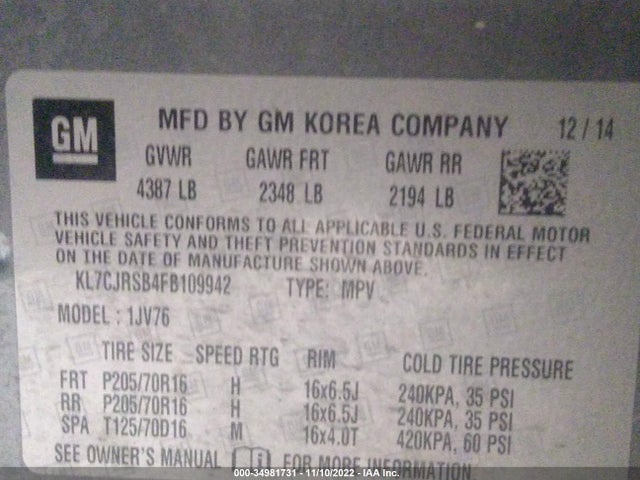 Chevrolet Trax Lt 2015 KL7CJRSB4FB109942 Image 10