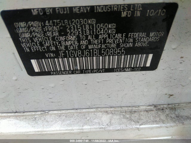 Aukcja sprzedaży 2011 Subaru Impreza Sedan Wrx Wrx Sti, vin: JF1GV8J61BL508955, numer aukcji: 34981749