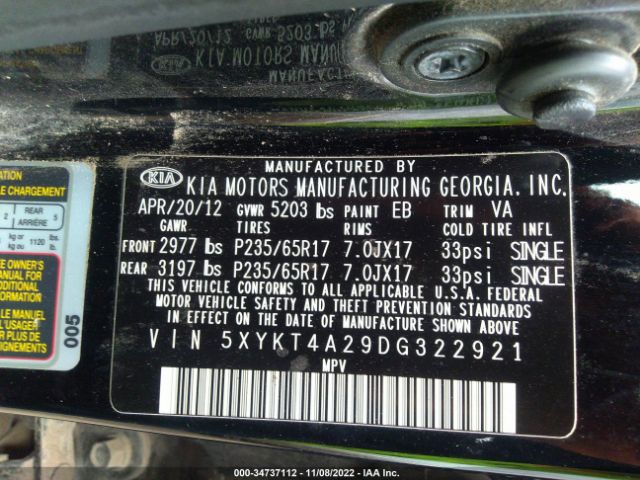 5XYKT4A29DG322921 KIA SORENTO LX