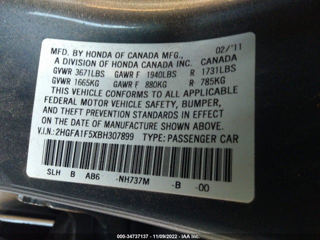 2011 HONDA CIVIC SDN LX VIN: 2HGFA1F5XBH307899