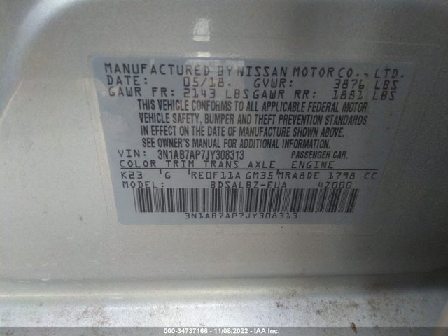 2018 Nissan Sentra, VIN: 3N1AB7AP7JY308313