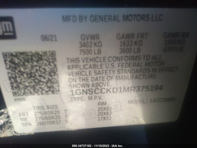 Chevrolet Suburban Lt 2021 1GNSCCKD1MR375194 Image 9