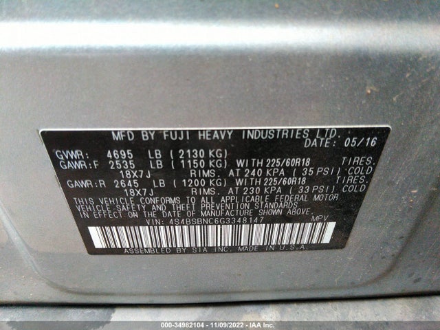 2016 Subaru Outback, VIN: 4S4BSBNC6G3348147
