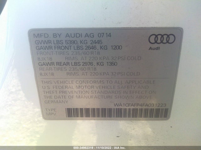 2015 AUDI Q5 PREMIUM VIN: WA1CFAFP4FA031223