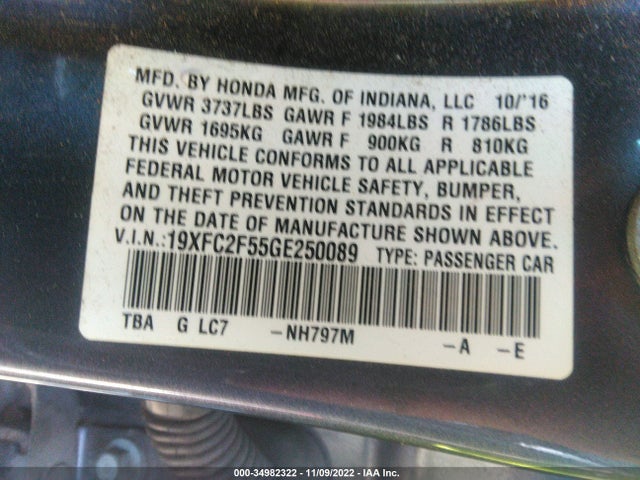 Honda CIVIC SEDAN 2016 19XFC2F55GE250089 Image 11
