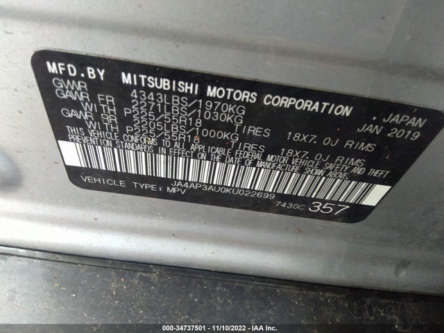 JA4AP3AU0KU022699 Mitsubishi Outlander Sport 2.0
