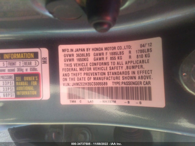 2012 HONDA INSIGHT VIN: JHMZE2H35CS005589