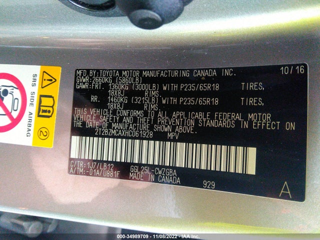 2T2BZMCAXHC061928 Lexus RX